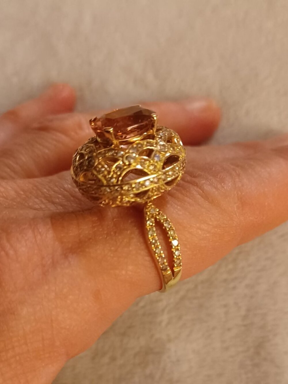 14 YG Egg Dome Diamond and Pink Tourmaline Ring